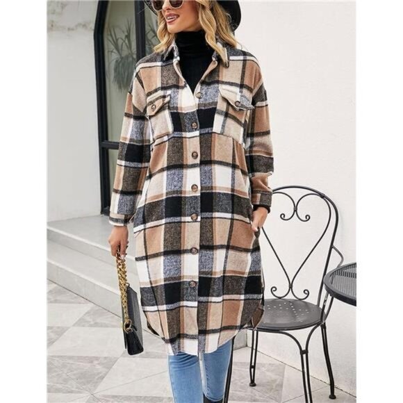Brown & Black Plaid Print Button Down Long Midi Trench Flannel Jacket Shacket‎ - Picture 4 of 7